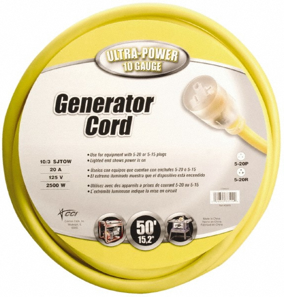 3 Conductors, 125 VAC, 20 Amp, 10 AWG, Generator Cord - For Use with NEMA Receptacles on Generators