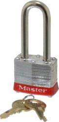 Master Lock 3LHRED Lockout Padlock: Keyed Different, Laminated Steel, 2" High, Steel Shackle, Red 