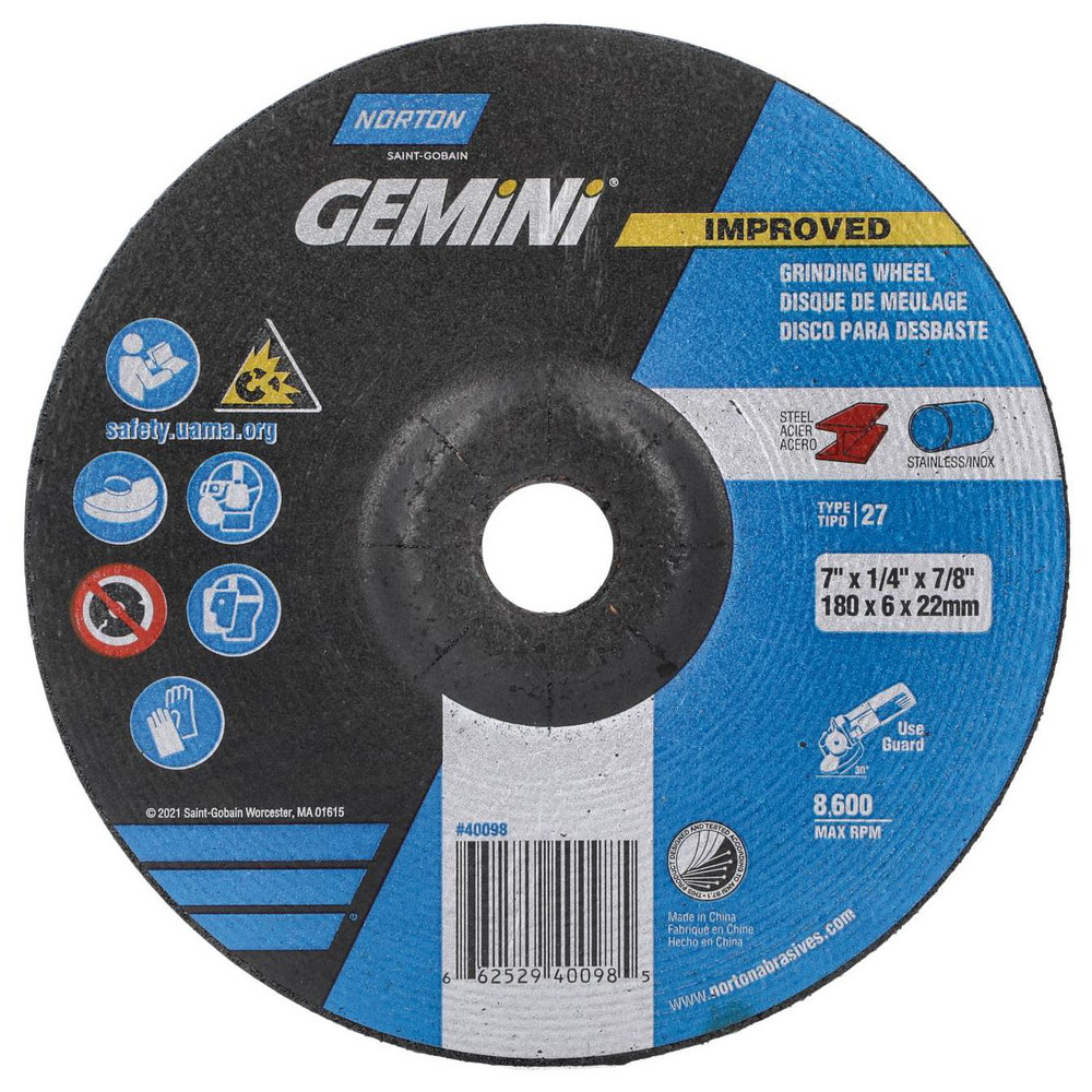 Photos - Abrasive Wheel / Belt Norton Depressed-Center Wheel: Type 27, 7" Dia, 1/4" Thick, 7/8" Hole, Aluminum Oxide - Resinoid Bond, 8600 Max RPM, Use w/ 