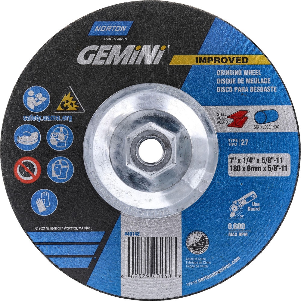 Depressed Grinding Wheel:  Type 27,  7" Dia,  1/4" Thick,  Aluminum Oxide