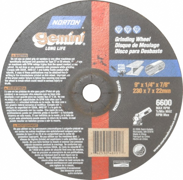 Norton 9" Wheel Diam, 1/4" Wheel Thickness, 7/8" Arbor Hole, Type 27