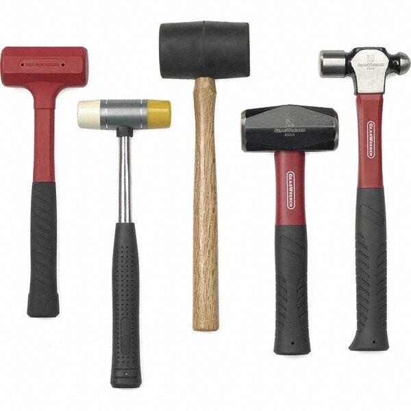Hammer & Mallet Sets; Type: Hammer & Mallet Set ; Number of Pieces: 5 ; Contents: 12 oz. Soft Face Hammer; 16 oz  Rubber Mallet; 16 oz. Ball Pein Hammer; 16 oz. Dead Blow Hammer; 3 lb Drilling Hammer ; Overall Length (Inch): 20-1/2 ; Material: Steel
