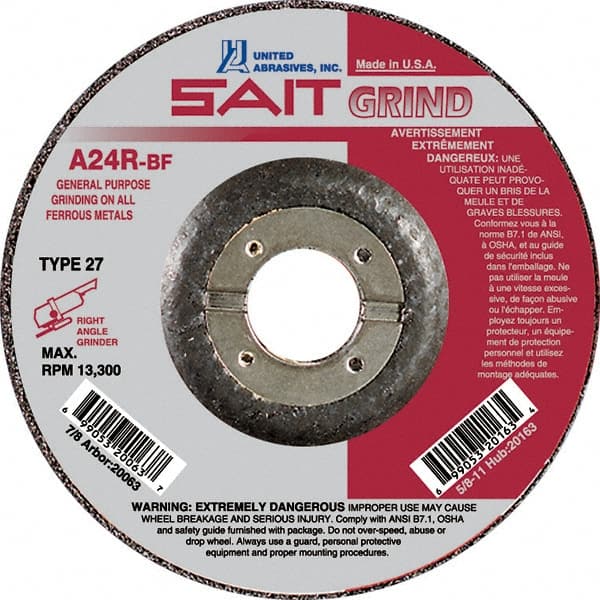 Sait Depressed Center Wheel: Type 27, 4-1/2 Dia, Aluminum Oxide - 24 Grit, Resinoid, 13,300 Max RPM, Use w/ Angle Grinder | Part #20063