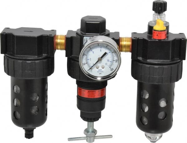 FRL Combination Unit: 1/2 NPT, Intermediate, 3 Pc Filter-Regulator-Lubricator with Pressure Gauge