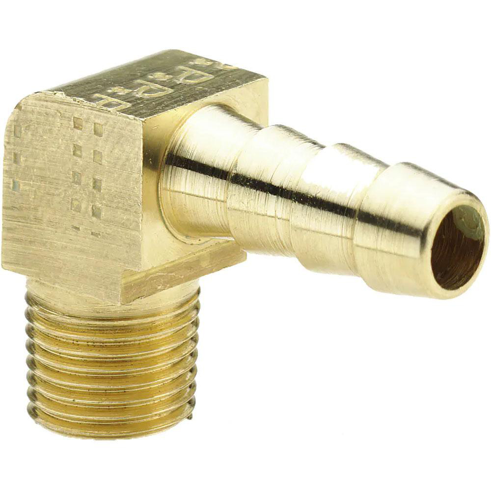 Barbed Hose Fitting: 3/8" NPTF, 3/8" Hose ID, Elbow, Brass