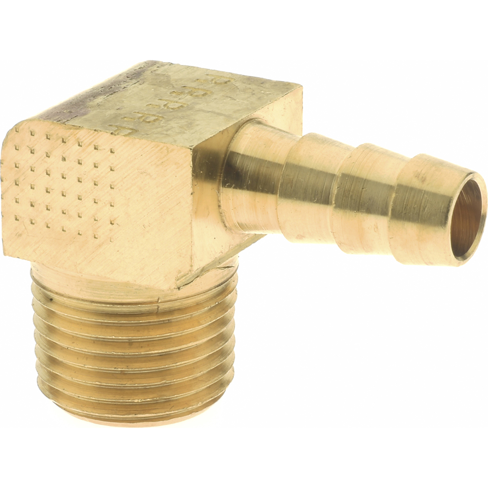Barbed Hose Fitting: 3/8" NPTF, 5/16" Hose ID, Elbow, Brass