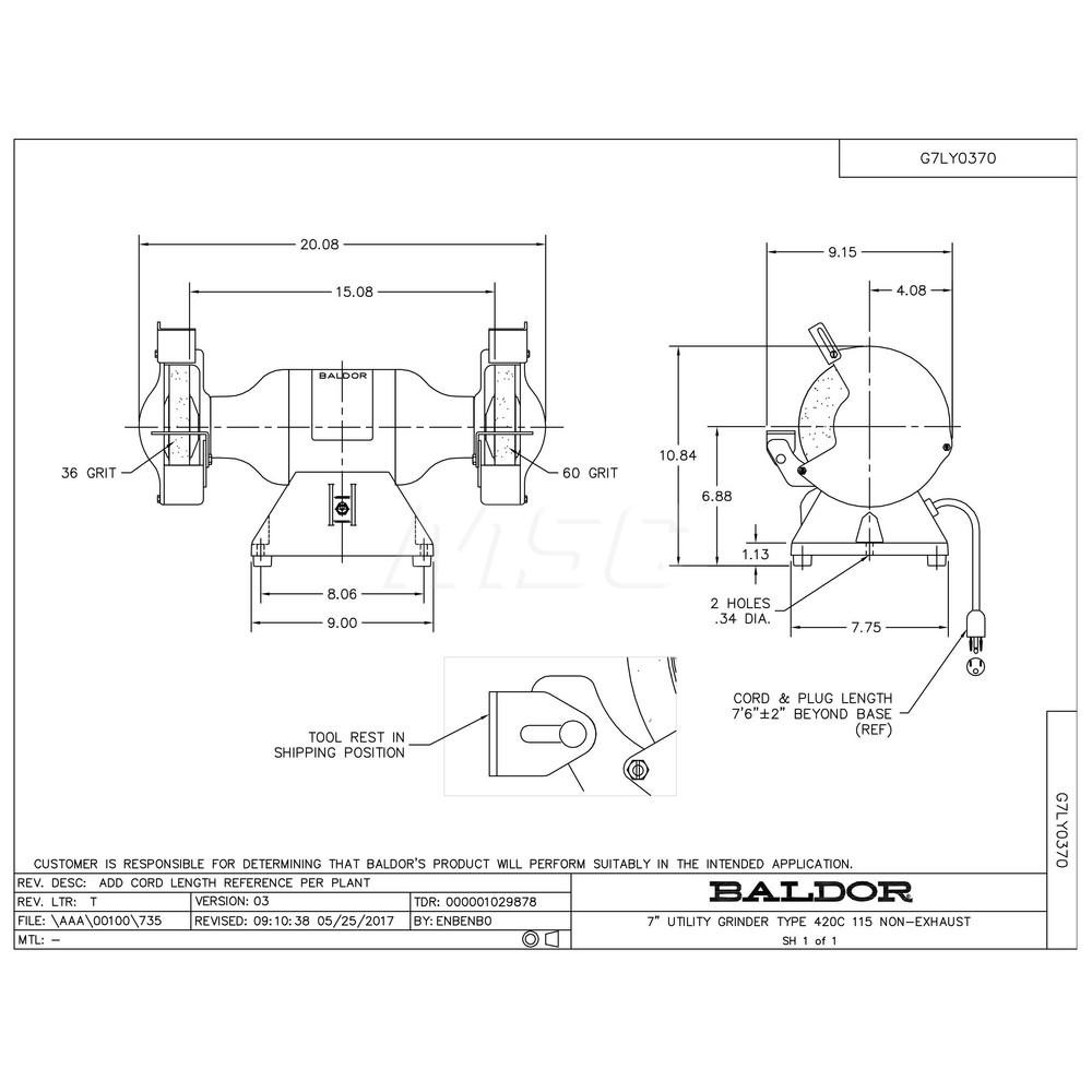 Baldor Reliance Bench Grinder 7" Wheel Dia, 5/8" Arbor Hole Dia MSC Direct