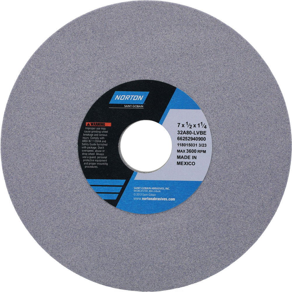 Surface Grinding Wheel: 7" Dia, 1/2" Thick, 1-1/4" Arbor, 80 Grit - Type 1, Aluminum Oxide, Vitrified Bond, Medium Grade