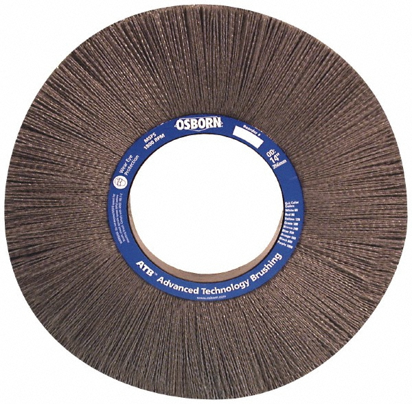 Wheel Brush: 14" Wheel Dia, 1" Face Width, 0.0400" Wire Dia, Crimped - 5-1/4" Hole, Nylon, 120 Grit, 1800 RPM