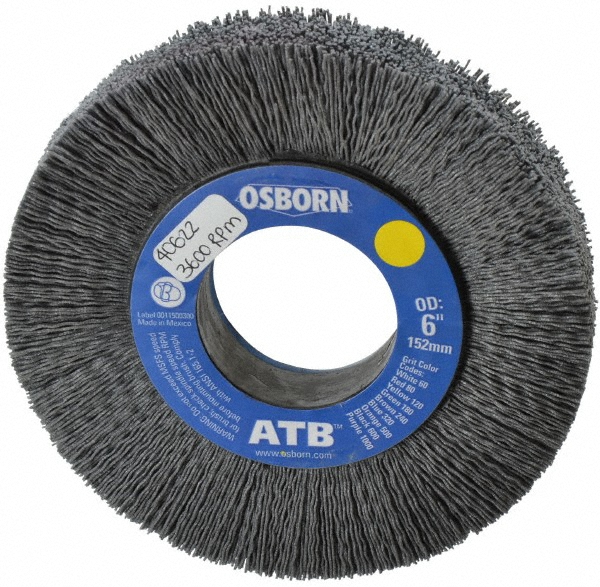Wheel Brush: 6" Wheel Dia, 1" Face Width, 0.0280" Wire Dia, Crimped - 2" Hole, Nylon, 120 Grit, 3600 RPM