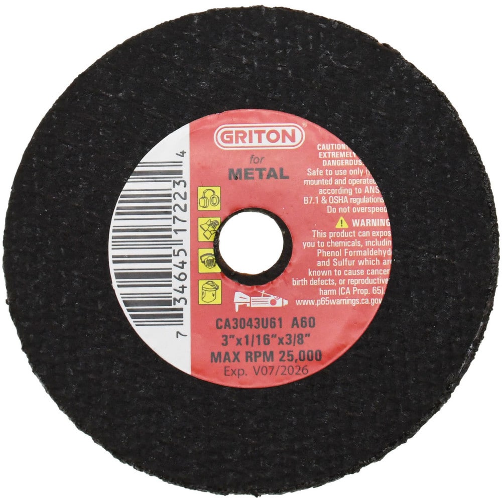 Cut-Off Wheel: 3" Dia, 1/16" Thick, 3/8" Hole, Aluminum Oxide