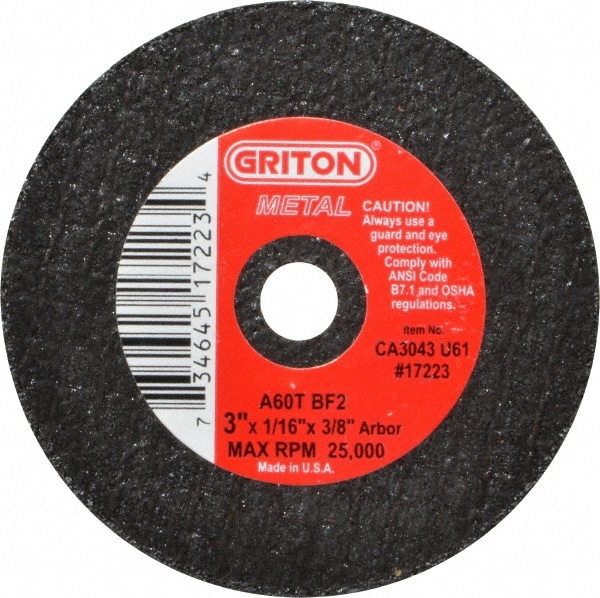 Cut-Off Wheel: 3" Dia, 1/16" Thick, 3/8" Hole, Aluminum Oxide