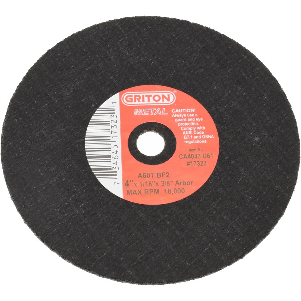 Cut-Off Wheel: 4" Dia, 1/16" Thick, 3/8" Hole, Aluminum Oxide