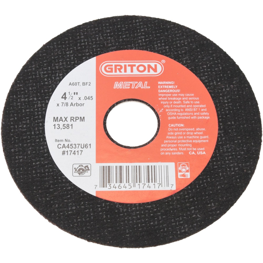 Cutoff Wheel: 4-1/2" Dia, 0.045" Thick, 7/8" Hole, Aluminum Oxide