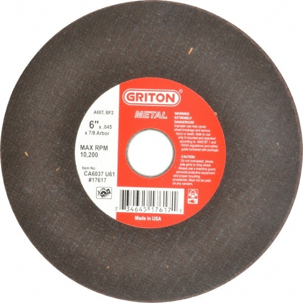 Cutoff Wheel: 6" Dia, 0.045" Thick, 7/8" Hole, Aluminum Oxide