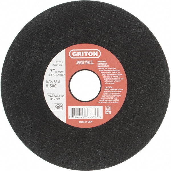 Cut-Off Wheel: 7" Dia, 1-1/4" Hole, Aluminum Oxide