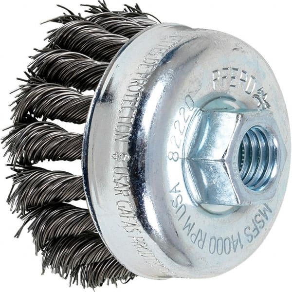 Cup Brush: 2-3/4" Dia, 0.02" Wire Dia, Carbon Steel, Knotted