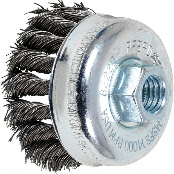 Cup Brush: 2-3/4" Dia, 0.02" Wire Dia, Carbon Steel, Knotted - 5/8-11 Arbor Hole, 7/8" Trim Length, 14,000 Max RPM