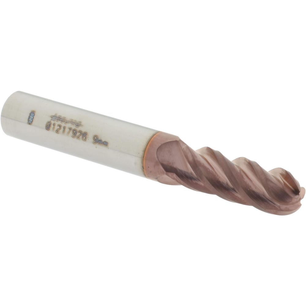 Ball End Mill: 0.3543" Dia, 0.9843" LOC, 4 Flute, Solid Carbide