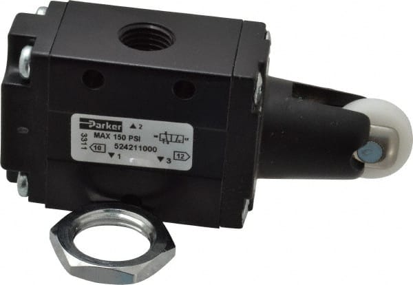 Mechanically Operated Valve: 3-Way & 2-Position, Roller-Spring Return Actuator, 1/4" Inlet, 1/4" Outlet, 2 Position