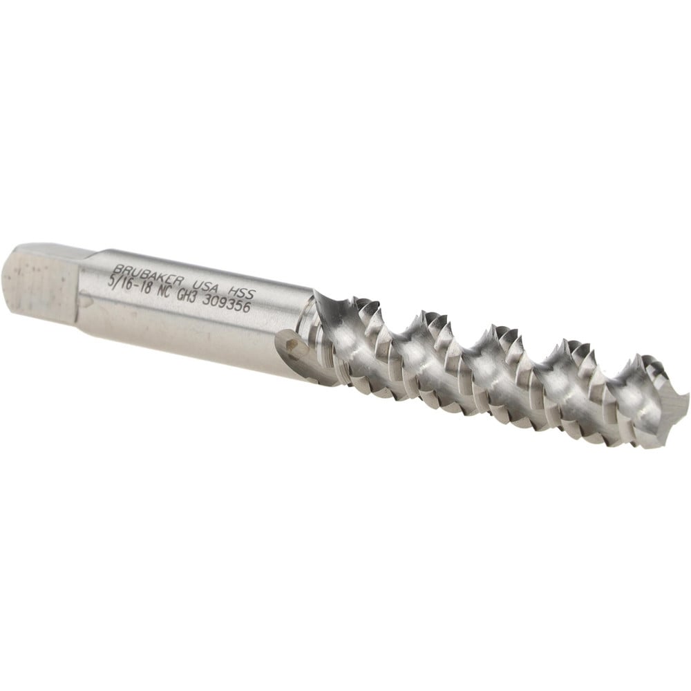 Spiral Flute Tap: 5/16-18 UNC, 3 Flutes, Bottoming, 3B Class of Fit, High Speed Steel, Bright/Uncoated