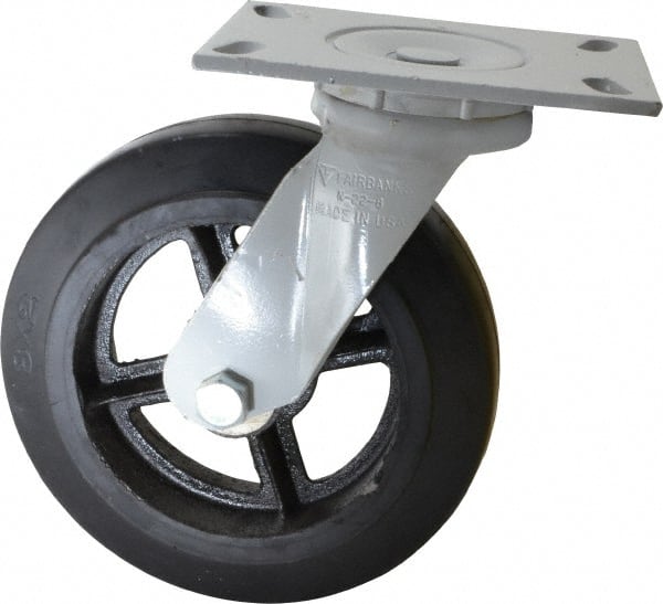 Fairbanks W26-8-RT Swivel Top Plate Caster: Rubber, 8" Wheel Dia, 2" Wheel Width, 500 lb Capacity, 9-1/2" OAH 