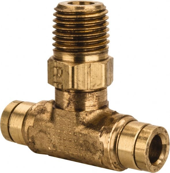 Push-To-Connect Tube to Male & Tube to Male NPT Tube Fitting: Swivel Male Branch Tee, 1/4" Thread, 1/4" OD