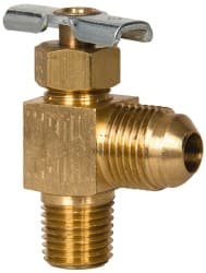 Needle Valve: Flare Angled, 3/8 x 1/4" Pipe, Flare x MNPTF End, Brass Body