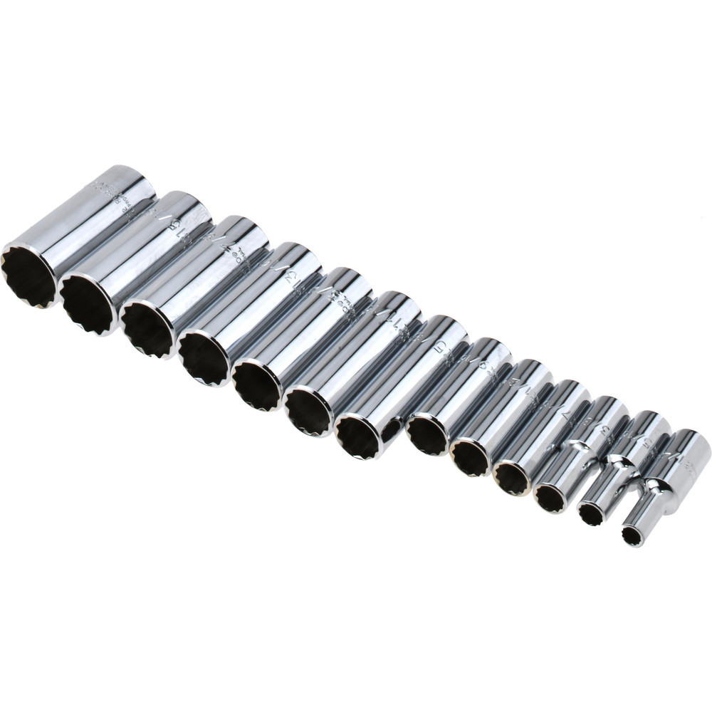 Socket Set: Deep, 13 Pc, 3/8" Drive, 1/4 to 1" - 12 Point, Chrome