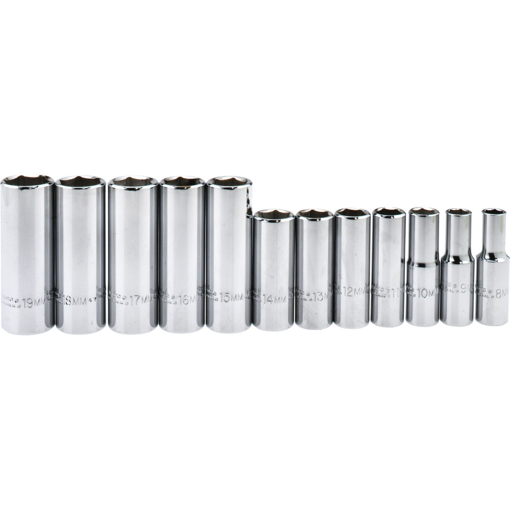 Deep Socket Set: 12 Pc, 3/8" Drive, 8.00 to 19.00" Socket