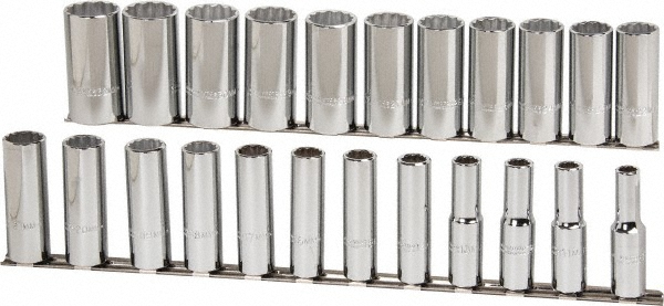 Socket Set: Deep, 23 Pc, 1/2" Drive, 10.00 to 32.00 mm - 12 Point, Chrome