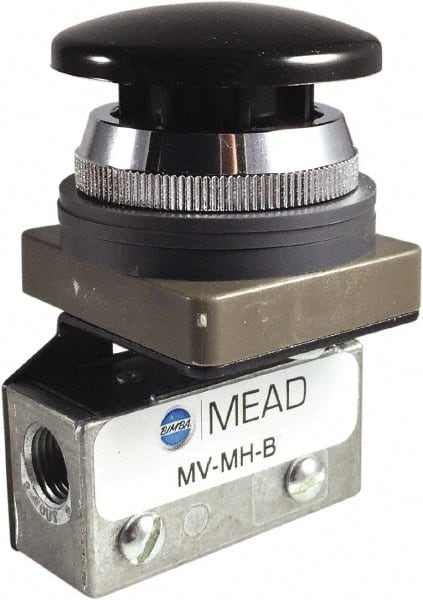 Mead MV-MH-B Mechanically Operated Valve: 3-Way Pilot, Mushroom Head Actuator, 1/8" Inlet, 2 Position 
