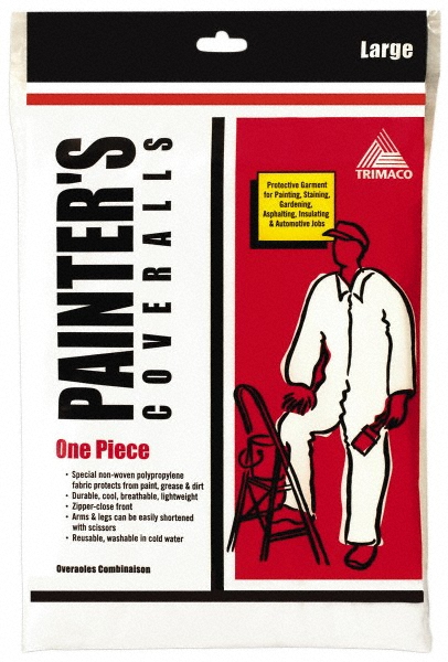 Disposable Coveralls: Chemical & Liquid Protection, Size Large, 1.2000 oz, Polypropylene Supertuff - Zipper Closure,  White,  Serged Seam, Elastic Cuff, Elastic Ankle