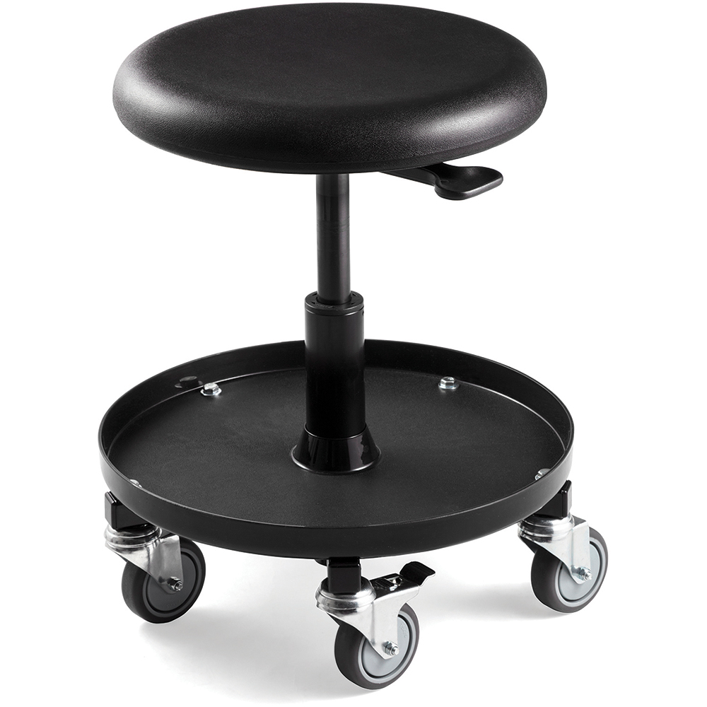 Maintenance Repair Stool: Polyurethane, 2" Seat Depth, Black - Adjustable Height, 16 to 20-1/4" Seat Height, Steel Base