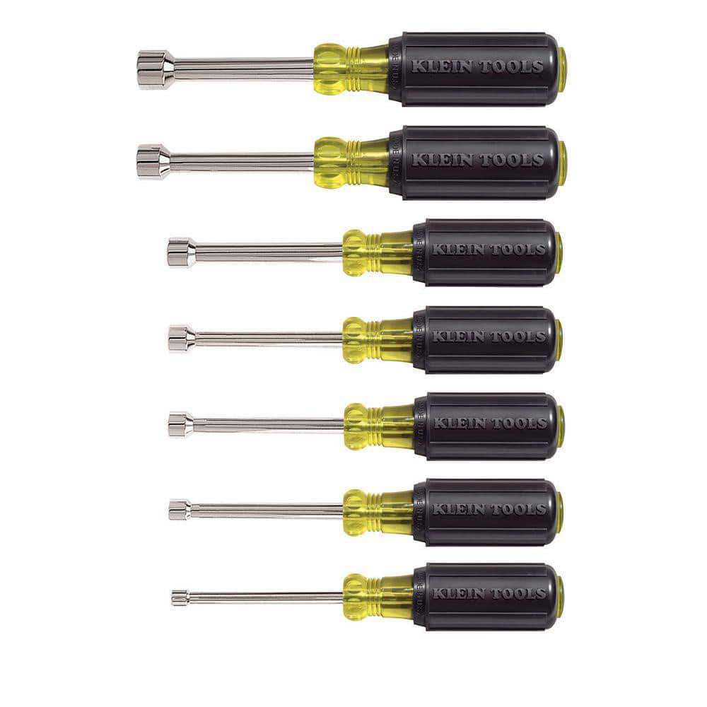 Klein Tools 631 Nut Driver Set: 7 Pc, 3/16 to 1/2", Hollow Shaft, Cushion Grip Handle 