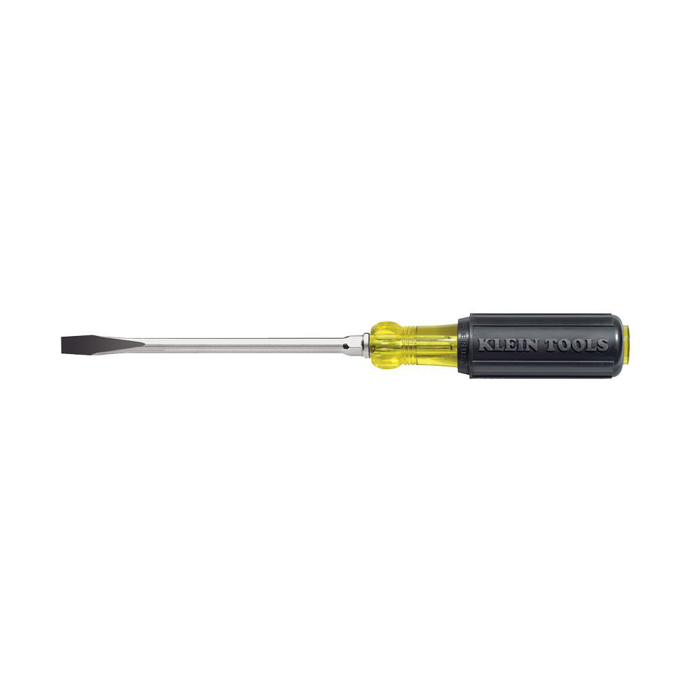 Slotted Screwdriver: 1/4" Width, 8-1/4" OAL, 4" Blade Length - 4" Blade Length, Round Shank, Acetate with Rubber Grip Handle