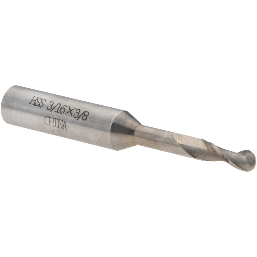 Ball End Mill: 3/16" Dia, 1/2" LOC, 2 Flute, High Speed Steel