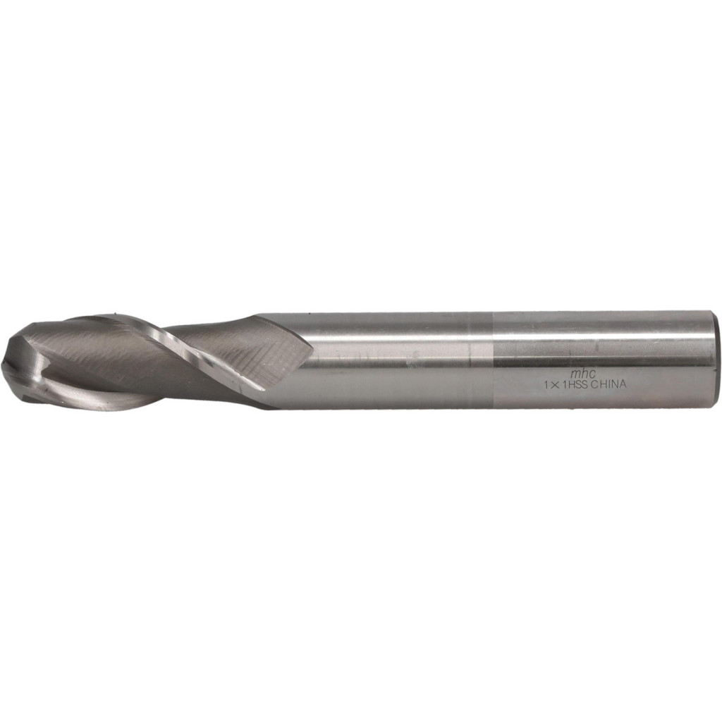 Interstate | Value Collection Ball End Mill: 1" Dia, 2-1/2" LOC, 2 Flute, High Speed Steel - 7-1/4" OAL, 1" Shank Dia, 30 deg Helix, Bright/Uncoated