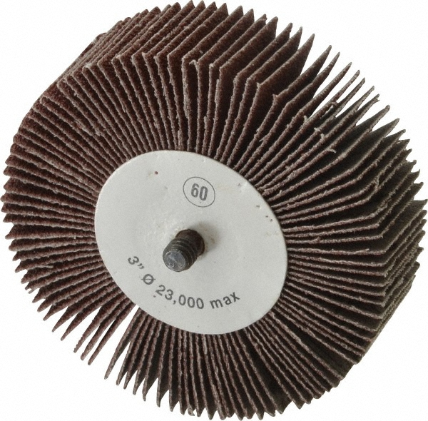Mounted Flap Wheel: 3" Dia, 1" Face Width, 60 Grit, Aluminum Oxide - Coated, Medium Grade, 20000 Max RPM