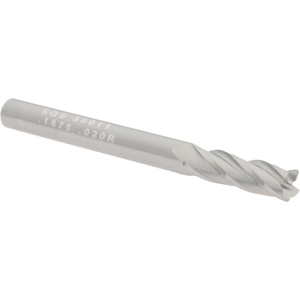 Corner Radius End Mill: 3/16" Dia, 5/8" LOC, 0.02" Radius, 4 Flutes, Solid Carbide