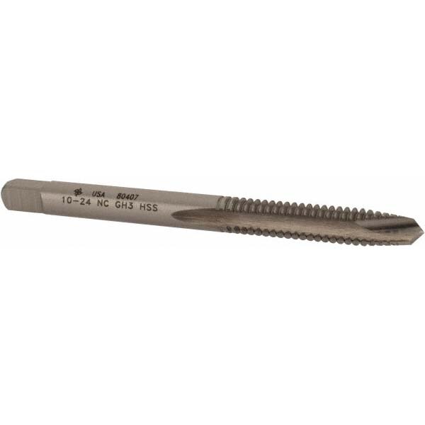 Spiral Point Tap: #10-24 UNC, 2 Flutes, Plug, 2B/3B Class of Fit, High Speed Steel, Bright Finish