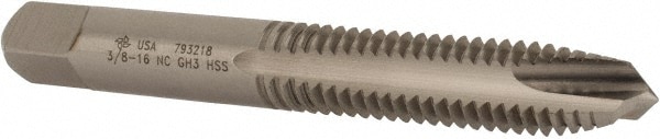 Spiral Point Tap: 3/8-16, UNC, 3 Flutes, Plug, 3B, High Speed Steel, Bright Finish