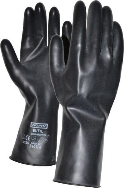 North B161/8 Chemical Resistant Gloves: Medium, 16 mil Thick, Butyl, Unsupported 