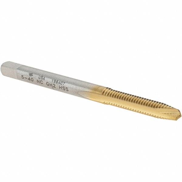 Spiral Point Tap: #5-40, UNC, 2 Flutes, Plug, 2B/3B, High Speed Steel, TiN Finish