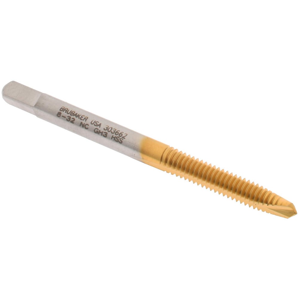 Spiral Point Tap: #8-32 UNC, 2 Flutes, Plug, 2B Class of Fit, High Speed Steel, TiN Coated