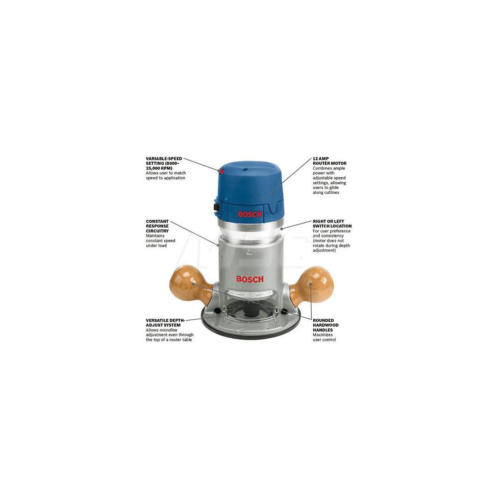 Bosch Electric Routers; Collet Size (Inch) 1/2; 1/4; 3/8 ; Collet Size (mm) 6.35 ; Collet