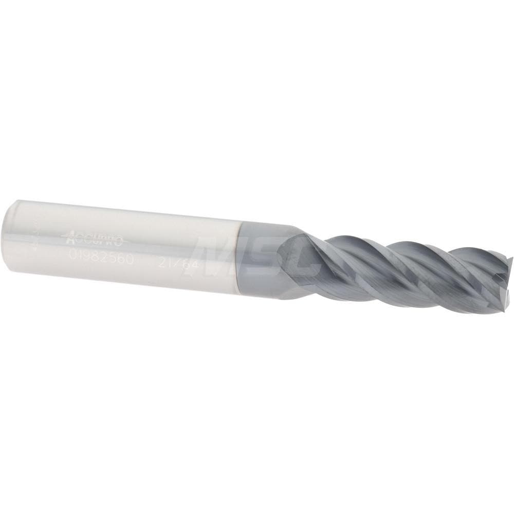 Accupro 12182519 Square End Mill: 21/64 Dia, 7/8 LOC, 3/8 Shank Dia, 2-1/2 OAL, 4 Flutes, Solid Carbide 