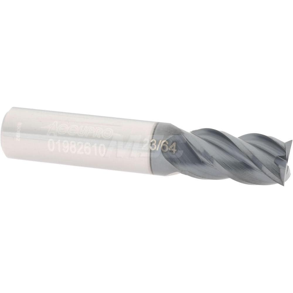 Accupro 12182867 Square End Mill: 23/64 Dia, 5/8 LOC, 3/8 Shank Dia, 2 OAL, 4 Flutes, Solid Carbide 