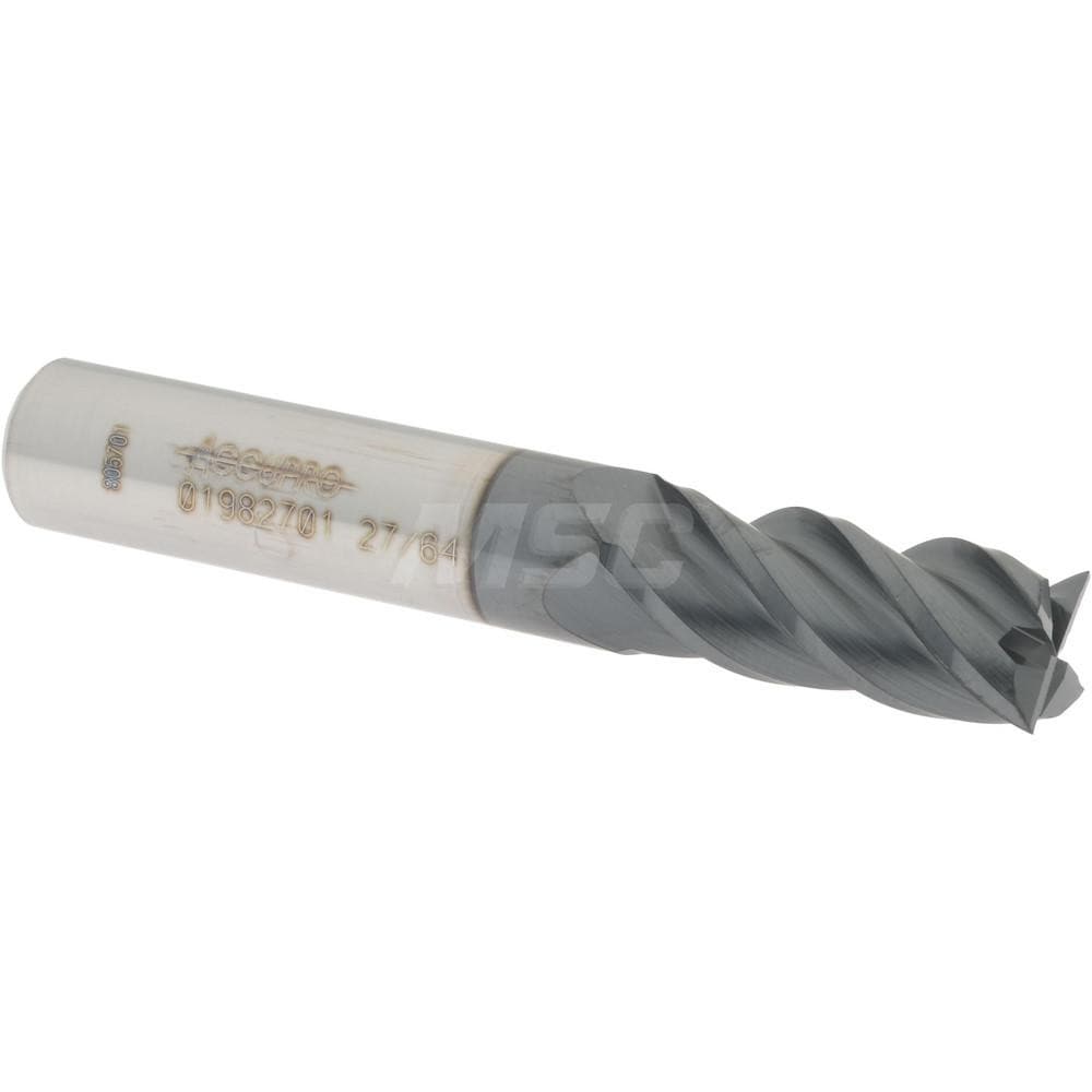 Accupro 12182567 Square End Mill: 27/64 Dia, 1 LOC, 7/16 Shank Dia, 2-3/4 OAL, 4 Flutes, Solid Carbide 