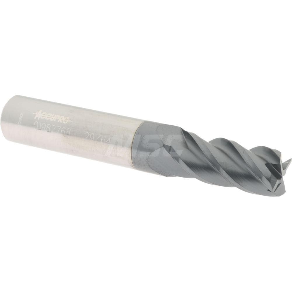 Accupro 12182576 Square End Mill: 29/64 Dia, 1 LOC, 1/2 Shank Dia, 3 OAL, 4 Flutes, Solid Carbide 